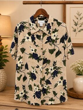 Lee David Collection Floral Rayon Button Front Blouse Medium Vintage